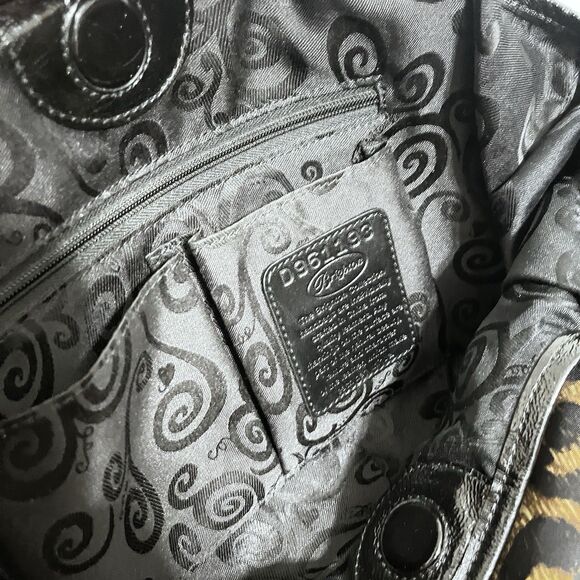 Brighton Leopard Print Satchel Tote Bag Black Patent Trim Woven Handles Filigree - Picture 10 of 11